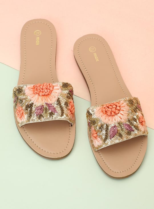 Women Beaded Flat Slide Sandals