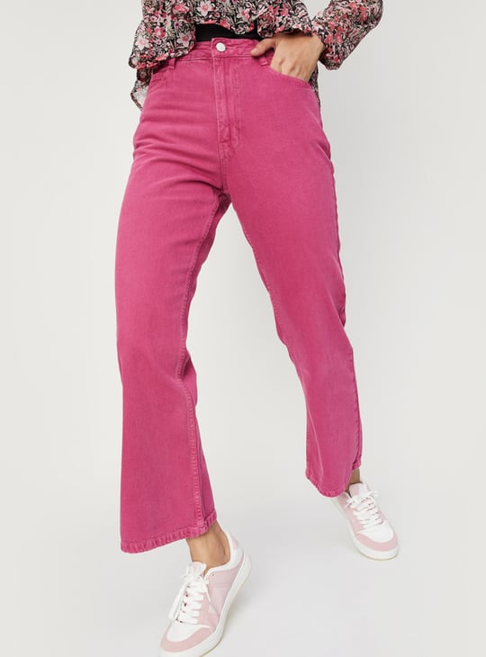 Women Solid Wide Leg Jeans | Pink Women Solid Wide Leg Jeans | Pink