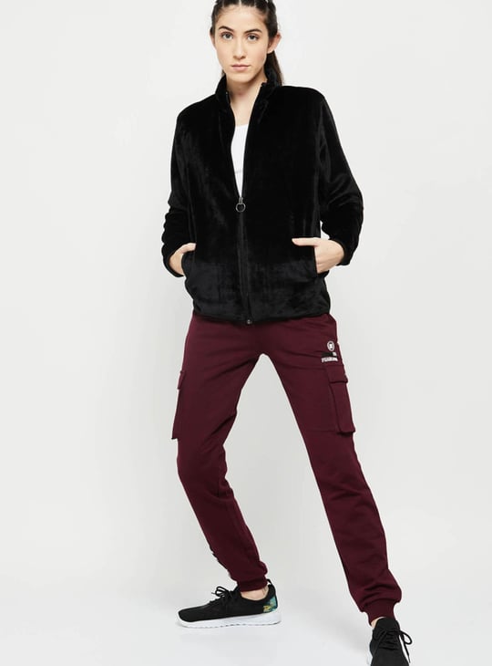 Solid Velvet Finish Zip-Up Jacket