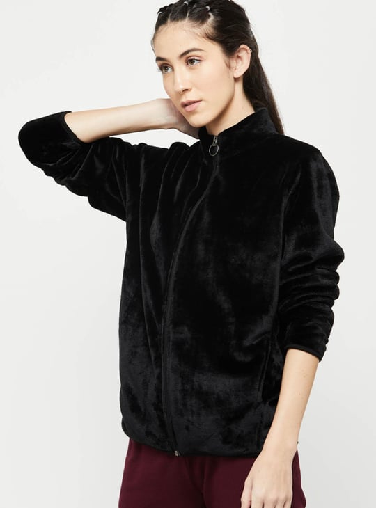 Solid Velvet Finish Zip-Up Jacket