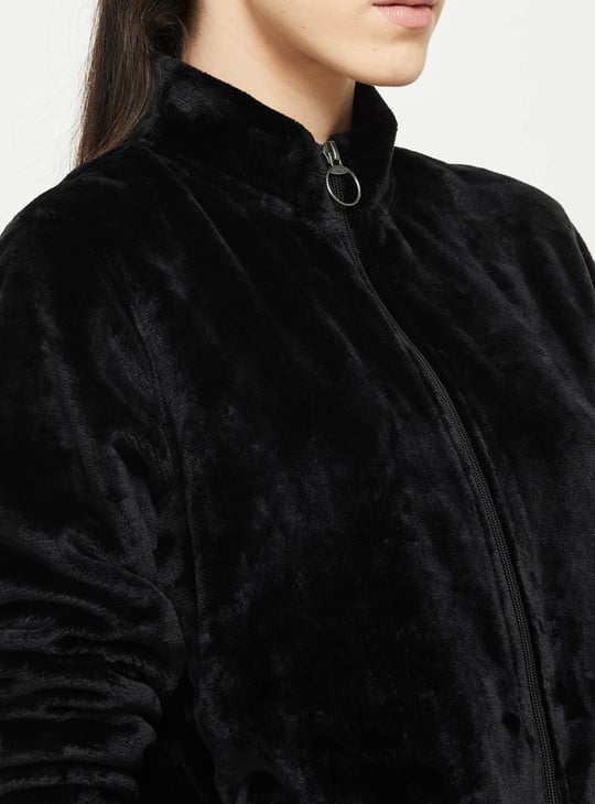 Solid Velvet Finish Zip-Up Jacket