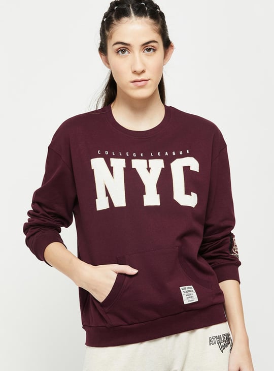 Women Appliqued Drop Shoulder Pullover Sports Sweatshirt