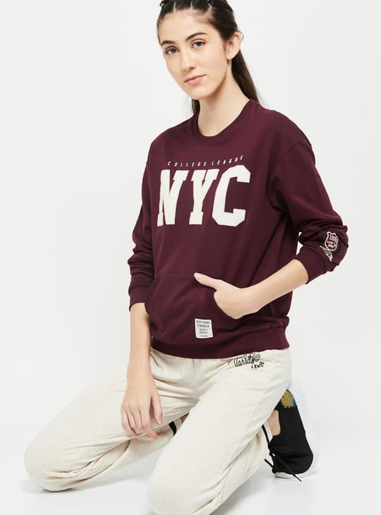 Women Appliqued Drop Shoulder Pullover Sports Sweatshirt