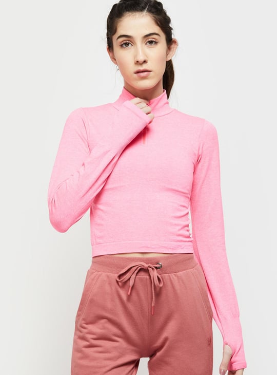 Women Solid Full Sleeves High Neck Crop Top