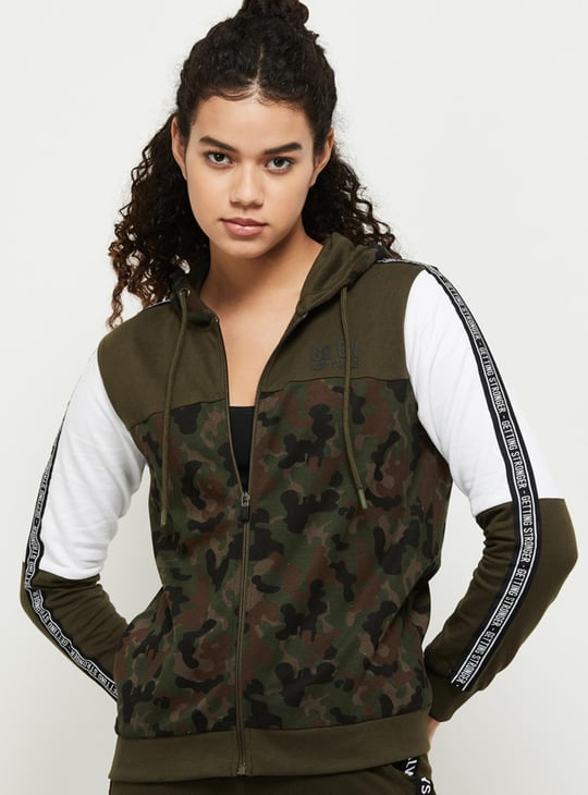 Women Camouflage Print Zip-Front Sports Jacket with Hood