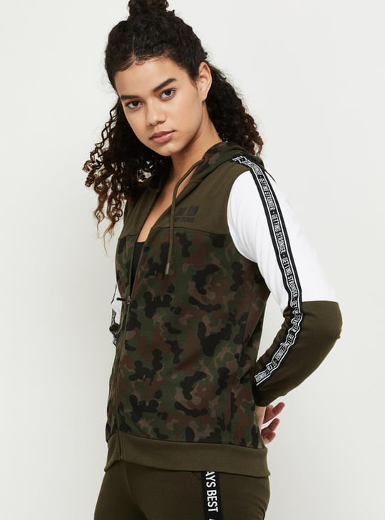 Women Camouflage Print Zip-Front Sports Jacket with Hood