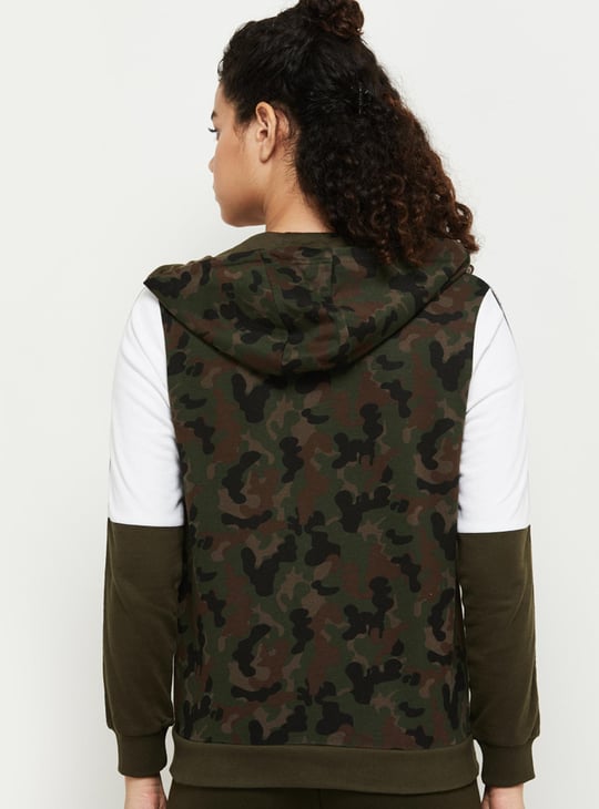 Women Camouflage Print Zip-Front Sports Jacket with Hood