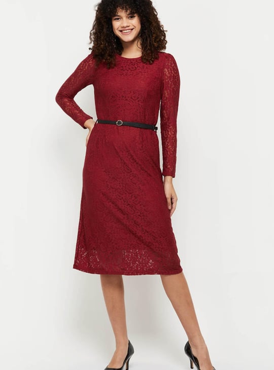 Women Lace Round Neck A-line Dress 