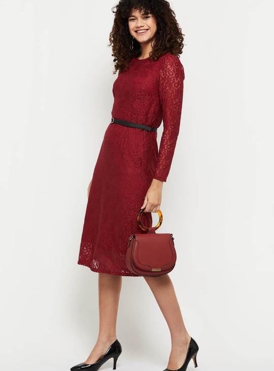 Women Lace Round Neck A-line Dress 