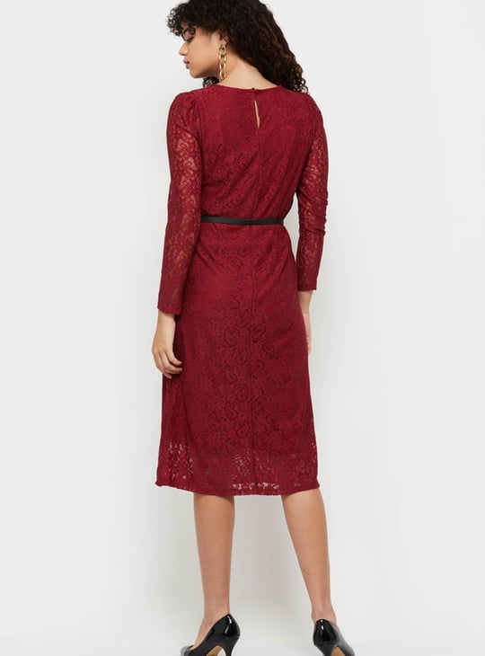 Women Lace Round Neck A-line Dress 