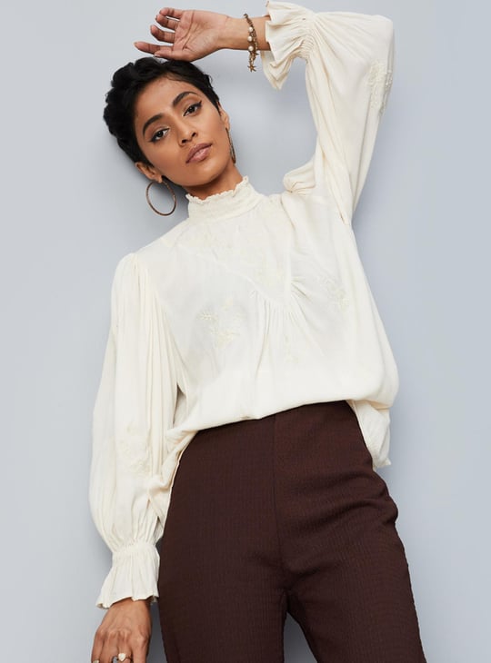 Women Embroidered Bishop Sleeve Top