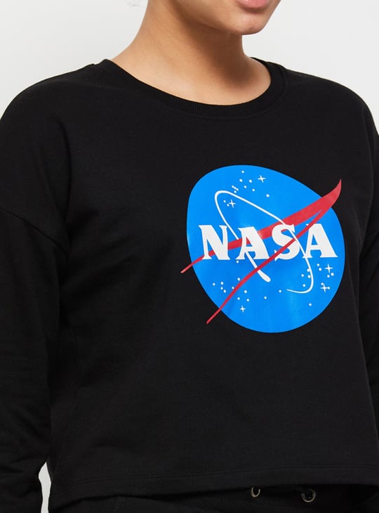 Women Nasa Printed Full Sleeves Cropped Sweatshirt