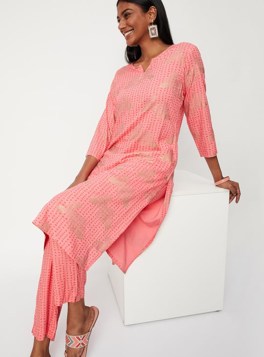 Women Printed Kurta with Straight Pants Pink Printed