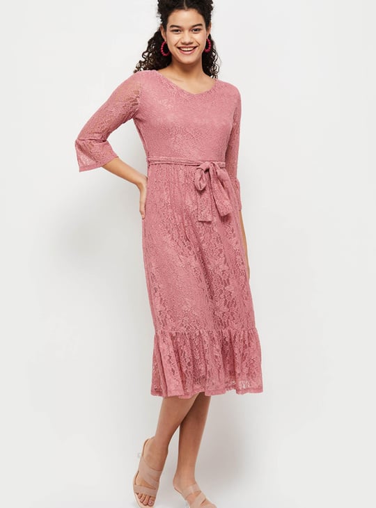 Women Lace Tie-Waist Midi Dress