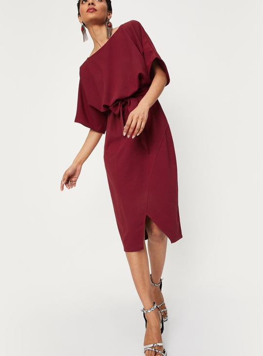 Women Solid Tie-Up Waist Blouson Dress