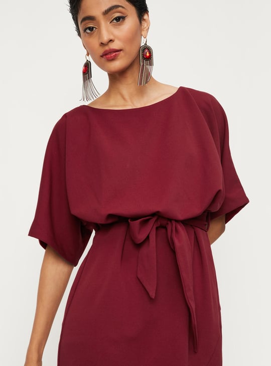 Women Solid Tie-Up Waist Blouson Dress