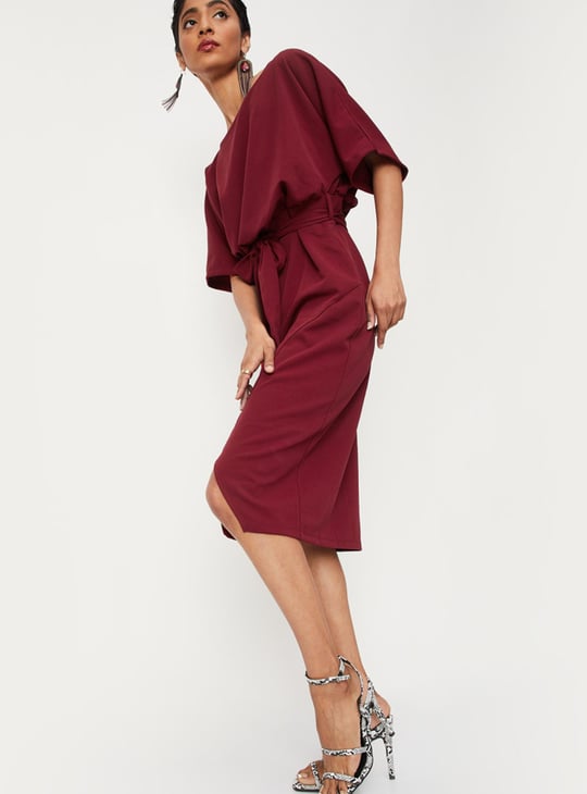 Women Solid Tie-Up Waist Blouson Dress