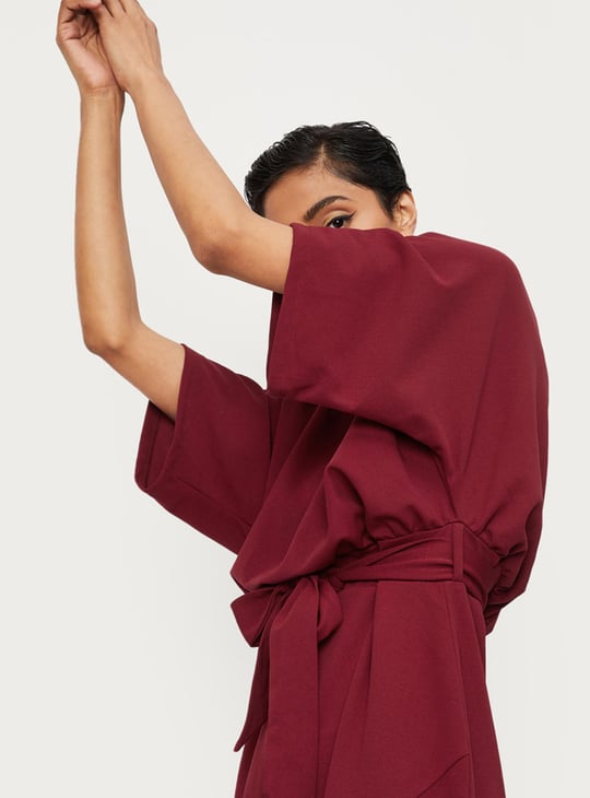 Women Solid Tie-Up Waist Blouson Dress