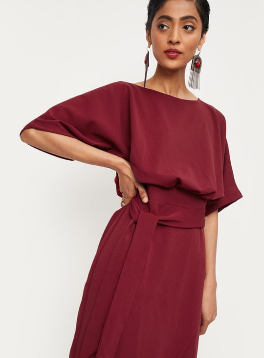 Women Solid Tie-Up Waist Blouson Dress