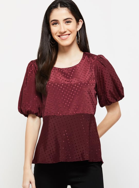 Women Dobby Textured Puffed Sleeve Peplum Top Textured