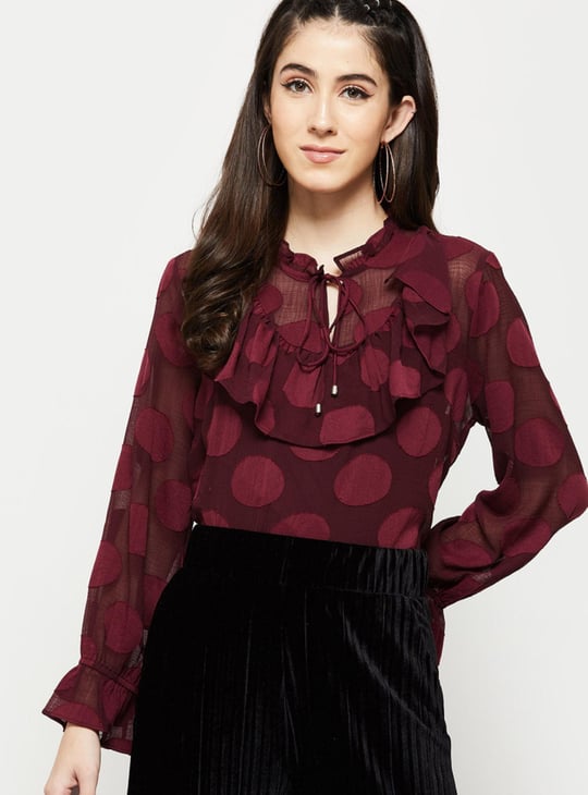 Women Ruffled Tie-Up Neck Top