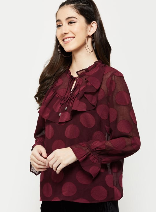 Women Ruffled Tie-Up Neck Top