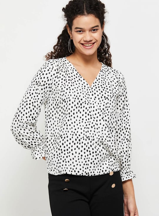 Women Polka Dot Printed Faux Wrap Top White Printed