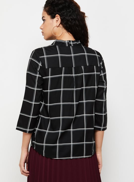 Women Checked Tie-Up Neck Three-Quarter Sleeves Casual Top 