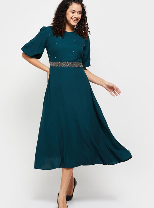 MAX Women Embellished Puffed Sleeves Midi Dress