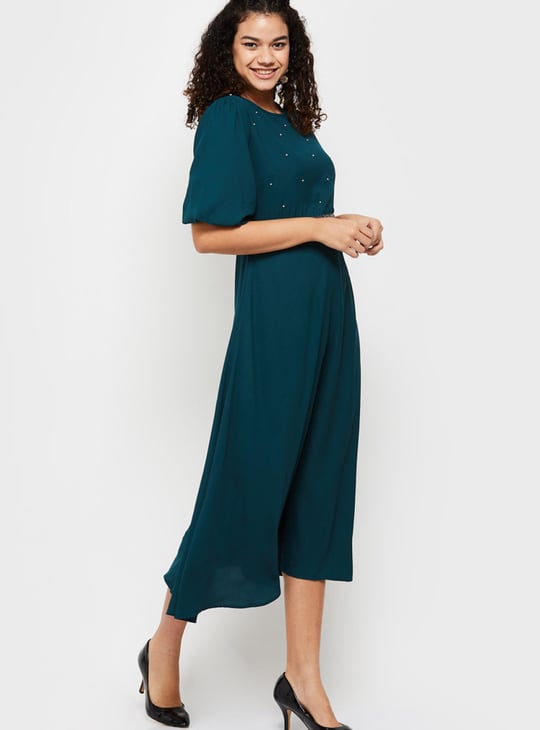 MAX Women Embellished Puffed Sleeves Midi Dress