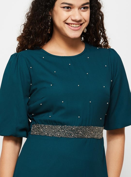 MAX Women Embellished Puffed Sleeves Midi Dress
