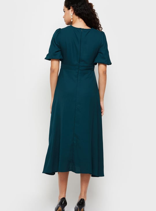 MAX Women Embellished Puffed Sleeves Midi Dress