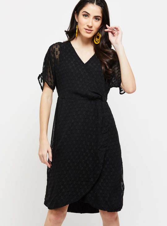 Women Shimmery Textured Surplice Neck Wrap Dress