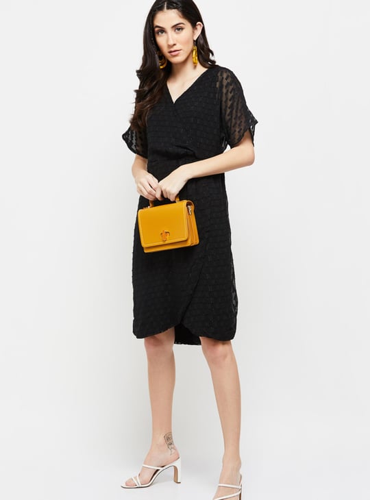 Women Shimmery Textured Surplice Neck Wrap Dress