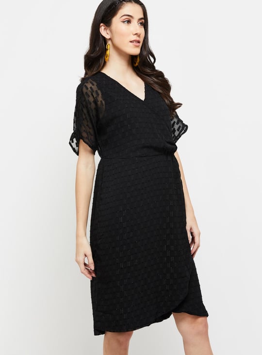 Women Shimmery Textured Surplice Neck Wrap Dress