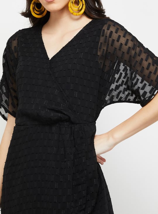 Women Shimmery Textured Surplice Neck Wrap Dress