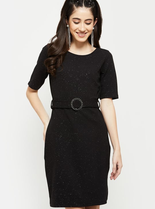 Women Textured Short Sleeves A-Line Dress with Belt