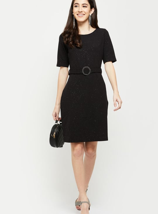 Women Textured Short Sleeves A-Line Dress with Belt