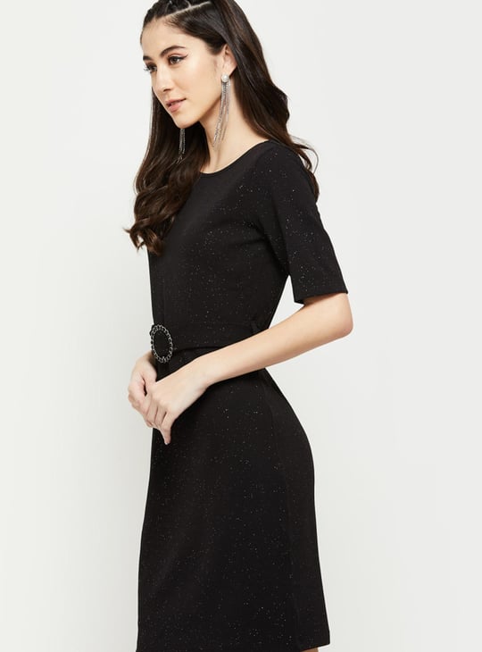 Women Textured Short Sleeves A-Line Dress with Belt