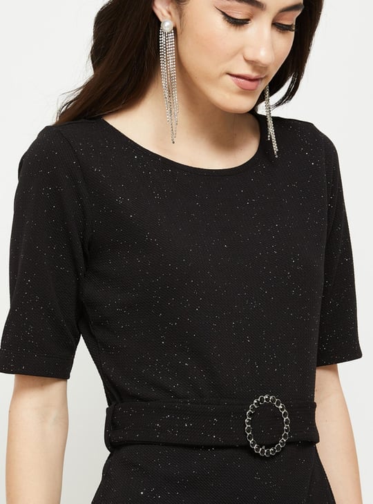 Women Textured Short Sleeves A-Line Dress with Belt