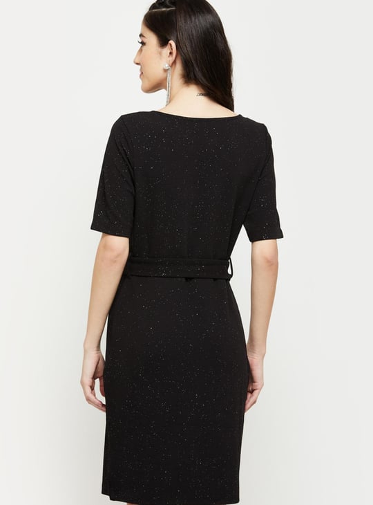 Women Textured Short Sleeves A-Line Dress with Belt