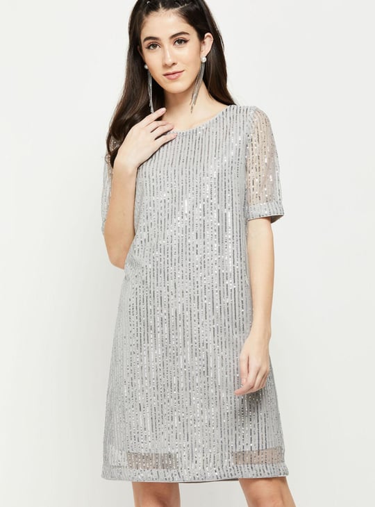 Women Sequinned Short Sleeves Shift Dress