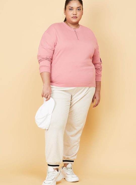 Women Solid Zip Placket Cropped Sweatshirt 