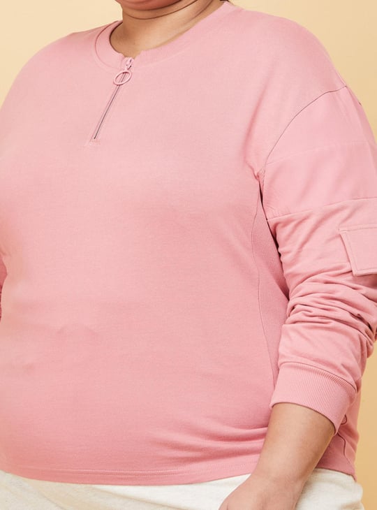 Women Solid Zip Placket Cropped Sweatshirt 