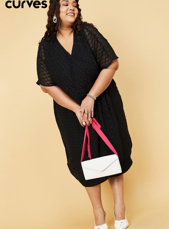 Women Shimmery Textured Surplice Neck Wrap Dress