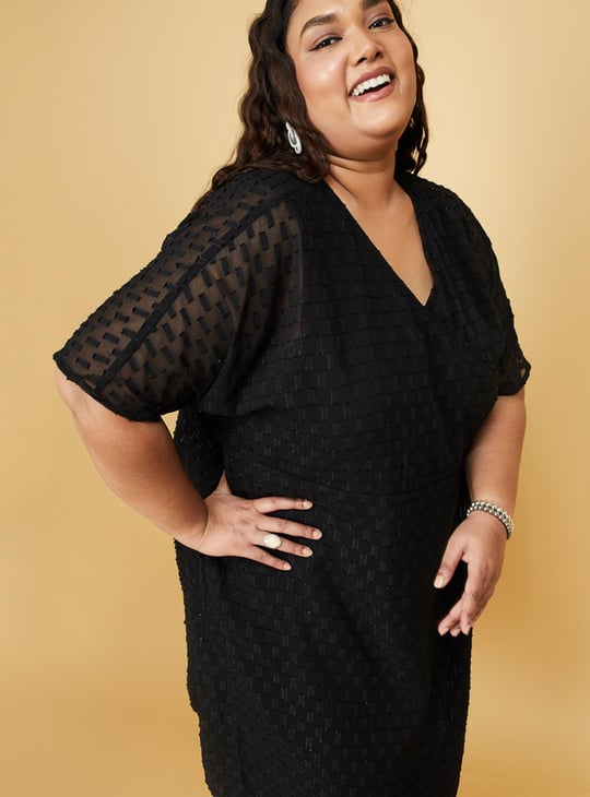 Women Shimmery Textured Surplice Neck Wrap Dress