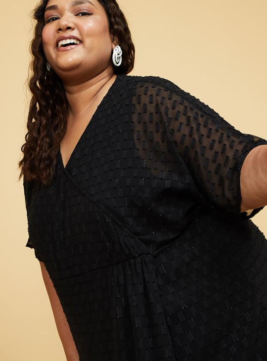 Women Shimmery Textured Surplice Neck Wrap Dress