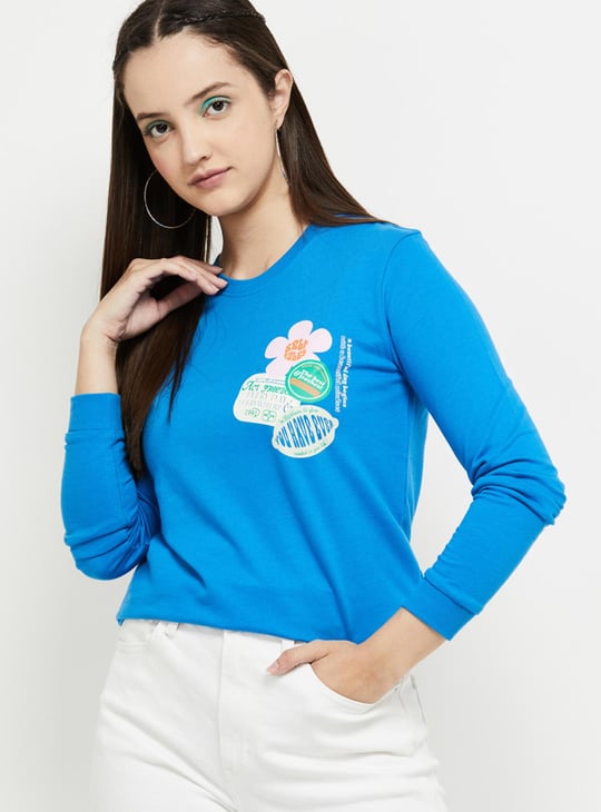 Women Graphic Printed Crew Neck Sweatshirt Blue Printed