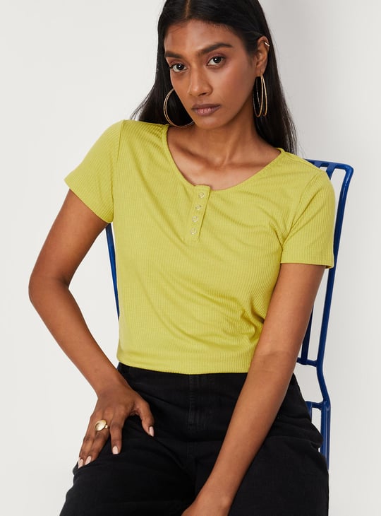 Women Rib Knit Henley T-shirt