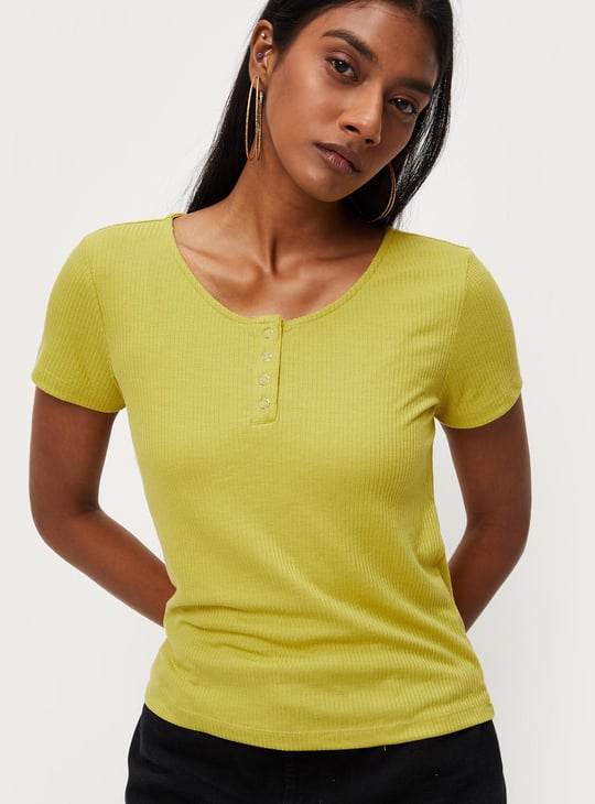Women Rib Knit Henley T-shirt
